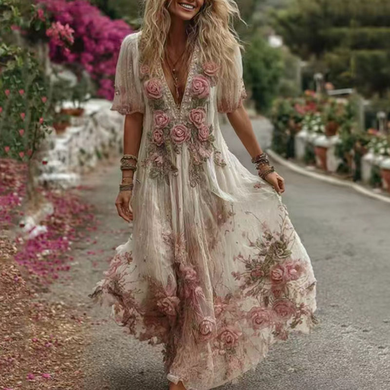 Spring Maxi Dress, 3D Flower Swing Pleated, Deep V Neck Short Sleeve, Retro Summer Dresses for Womens