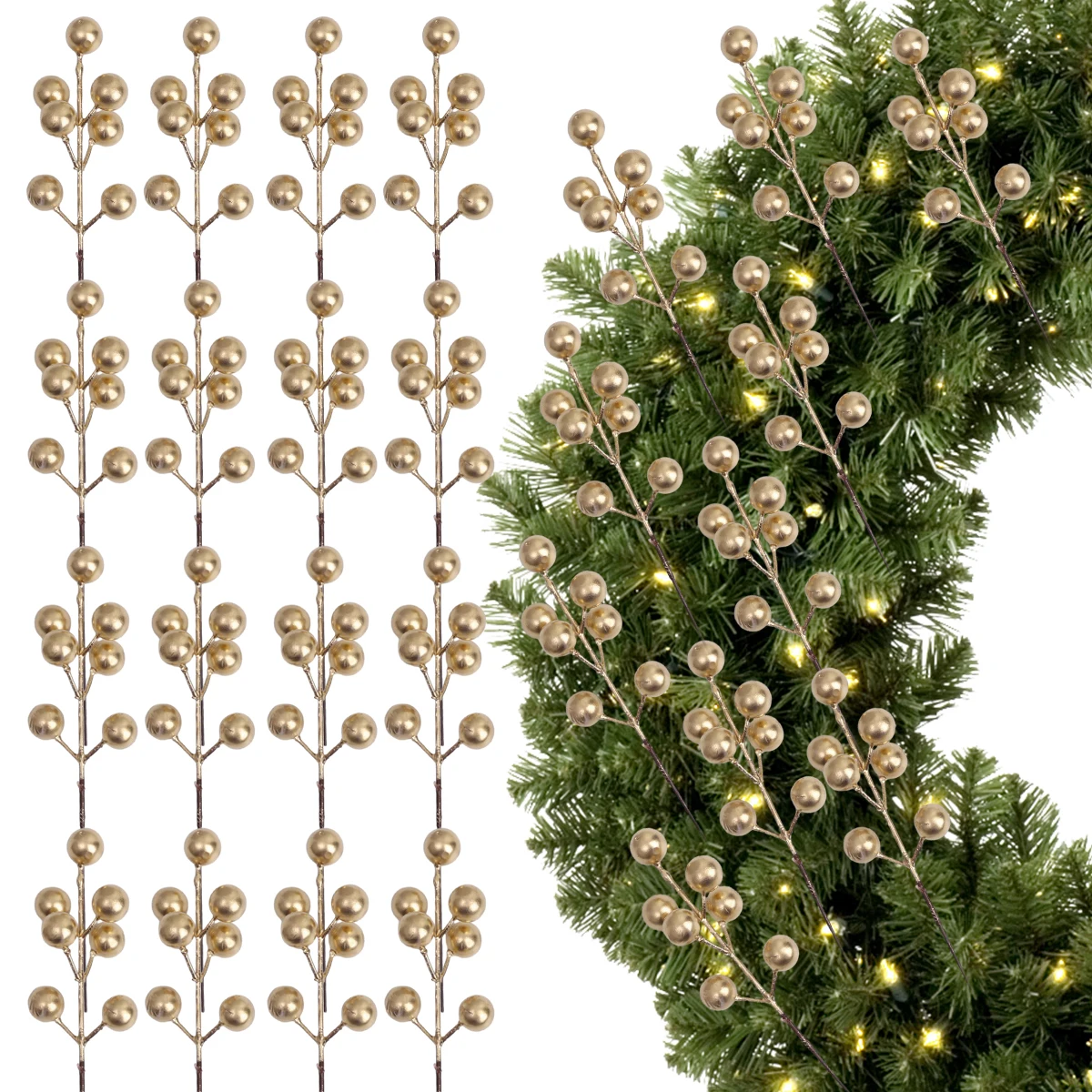 Christmas DIY Floral Wreath Ornament, Artificial Berries Red, Gold, Silver, Cherry Stamen, Fake Berries Branch, New Year