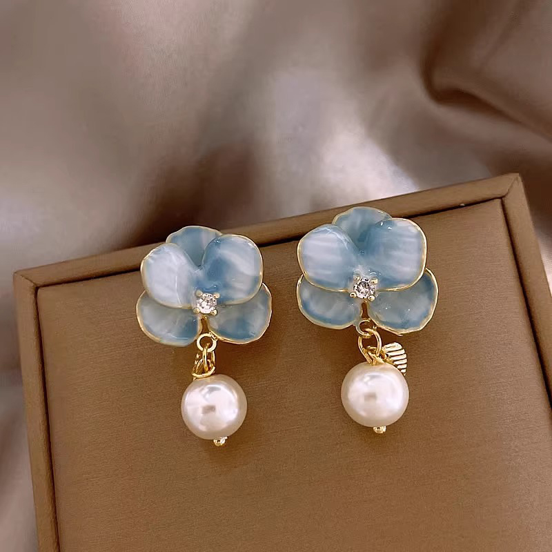 Blue Drip Oil Flower Pearl Petal Earrings Retro Elegant Women Jewelry