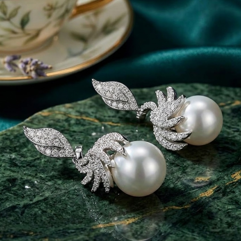Feather Shape Pearl Drop Earrings Elegant Bridal Wedding Jewelry