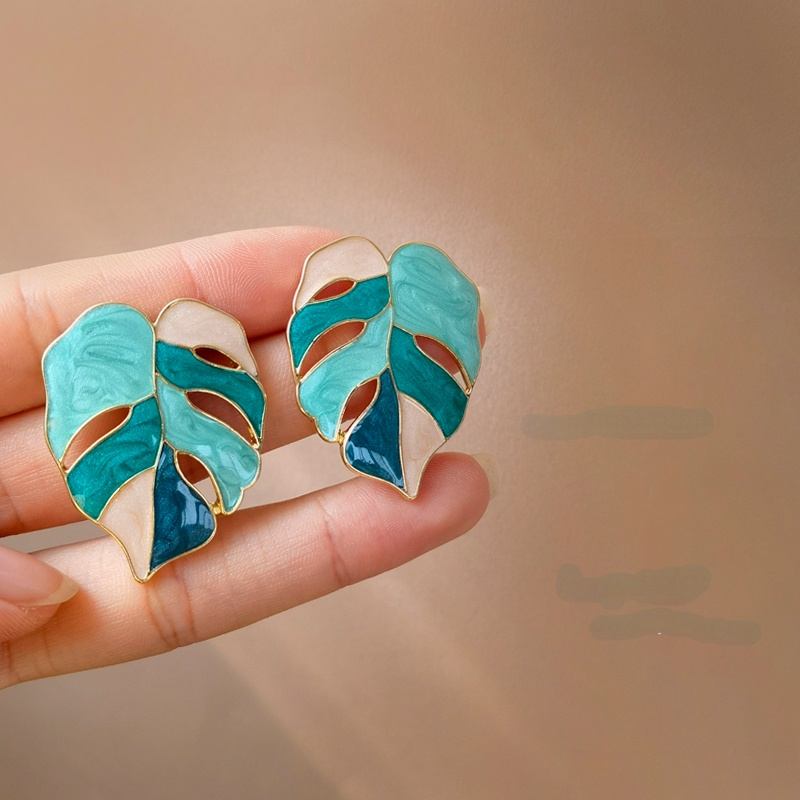 Silver Leaf Geometric Earrings for Women Green White Statement Jewelry Gift