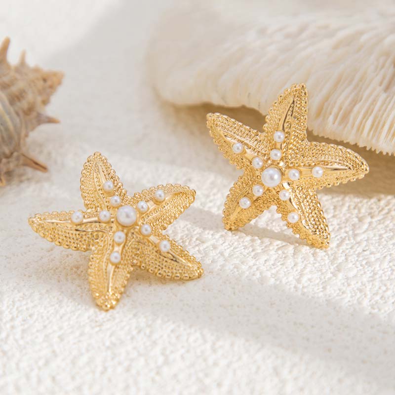 Pearl Starfish Stud Earrings for Women Gold Beach Earrings with Coastal Charm