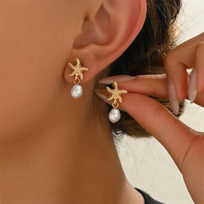 Vintage Starfish Earrings with Shell Pearl Drop Gold Beach Jewelry for Women