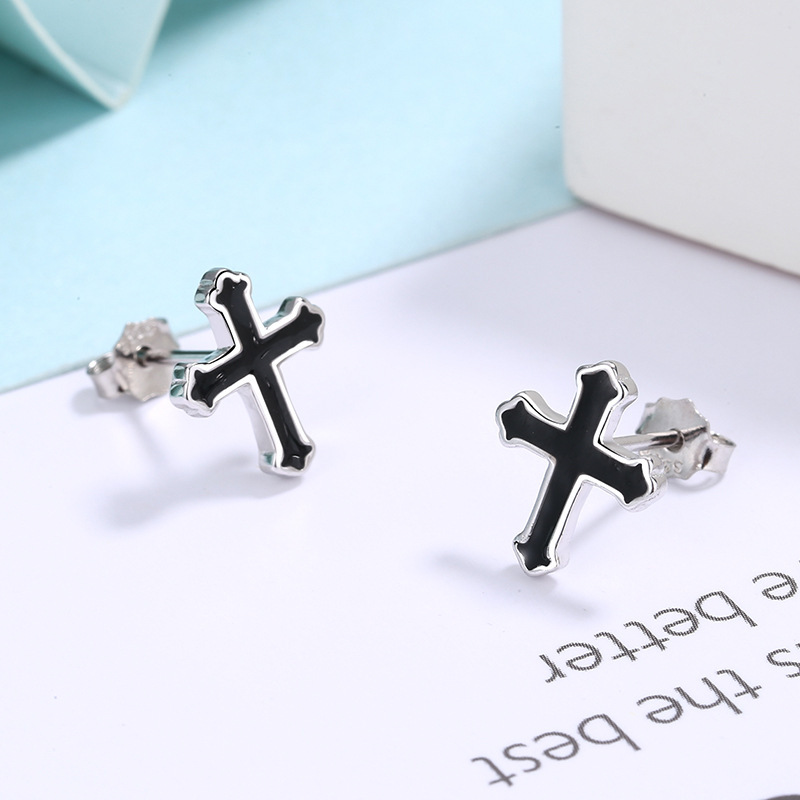 Sterling Silver Black Cross Stud Earrings for Women Elegant Gothic Cross Jewelry