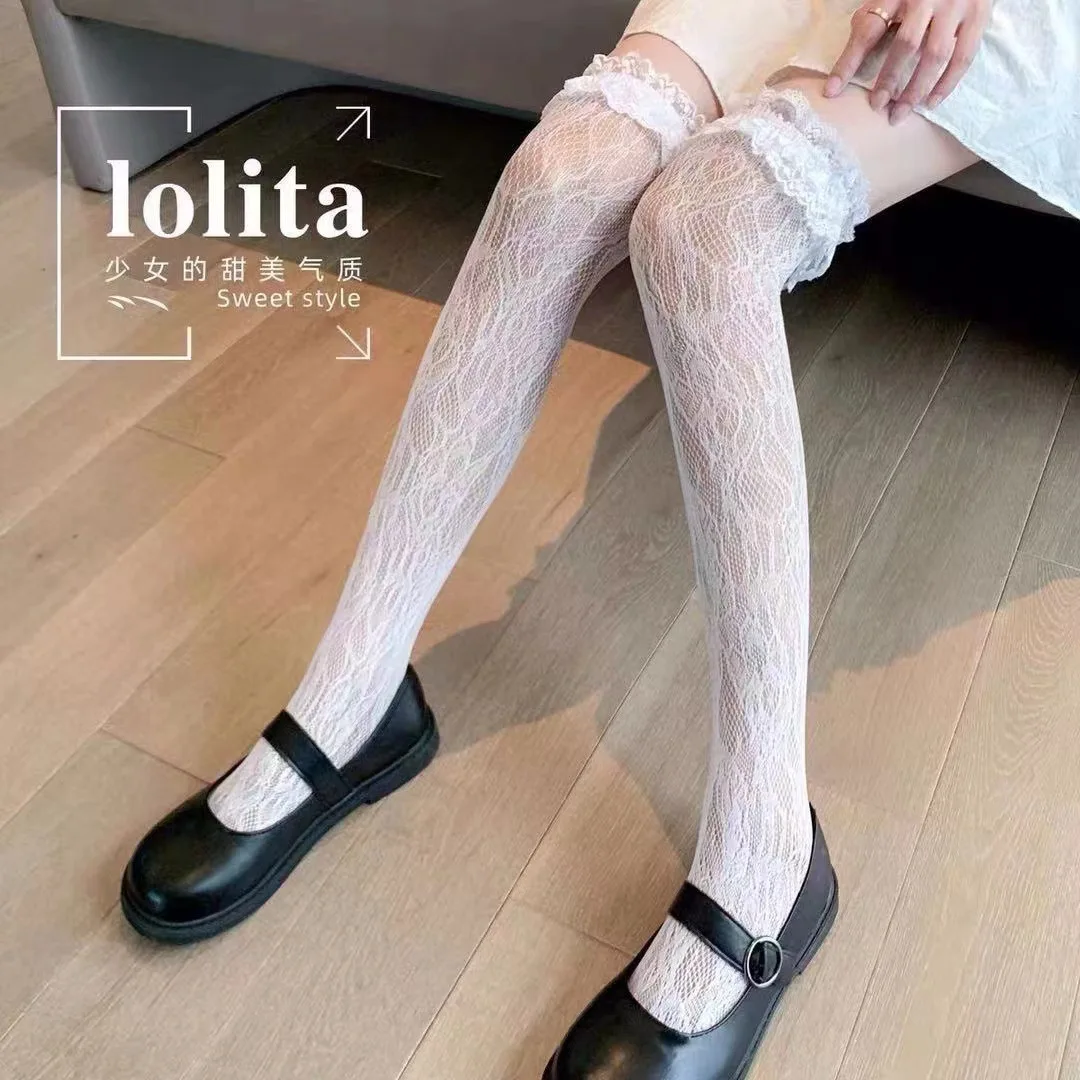 Kawaii Fishnet Thigh High Socks with Ruffled Lace Heart Pattern Over Knee Lolita Stockings