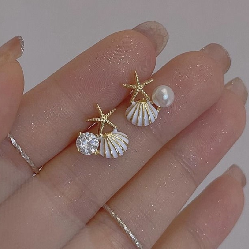 Ocean Style Starfish Earrings with Blue Shell, Pearl & Zircon Stud Design