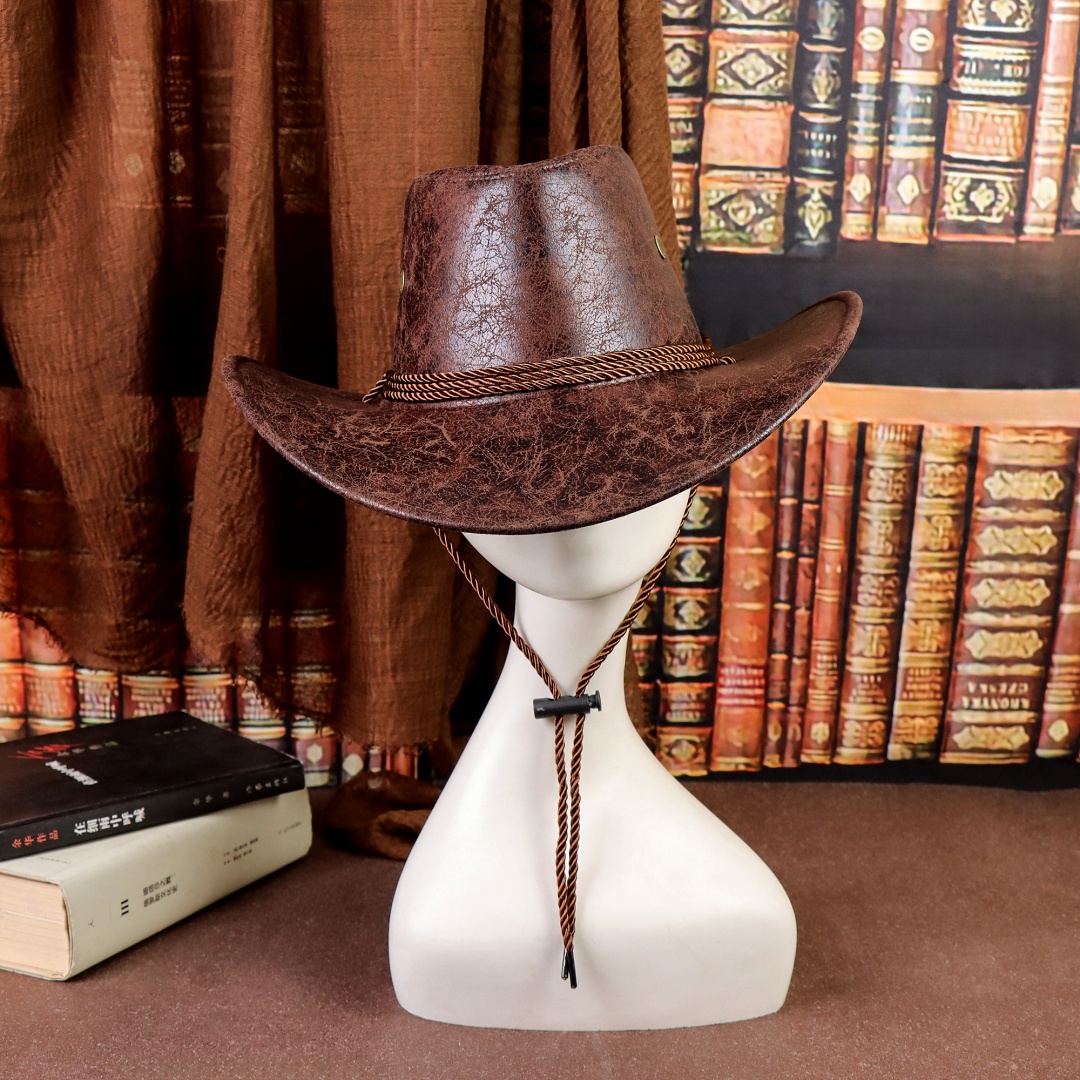 Vintage Western Cowboy Hat Faux Leather Wide Brim Cowgirl Panama Hat for Men & Women