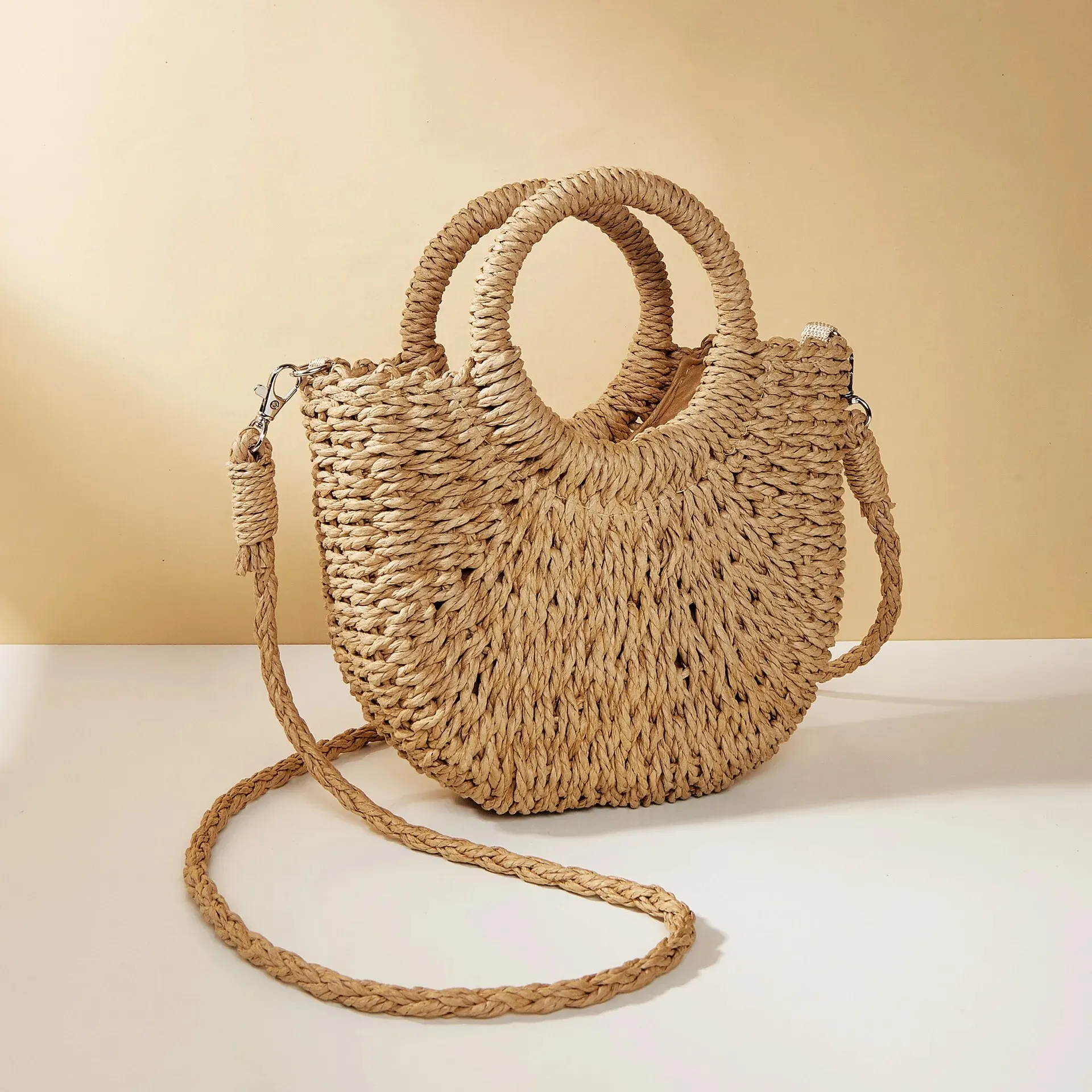Large Capacity Straw Crossbody Bag Half Moon Woven Beach Shoulder Handbag for Women