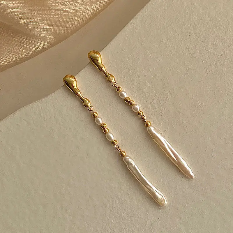 Elegant Freshwater Pearl Earrings Gold Plated Long Tassel Pearl Drop Earrings for Women