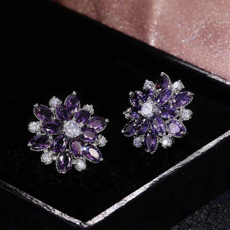 Sparkling Sterling Silver Earrings Cubic Zirconia Flower Stud Design for Women