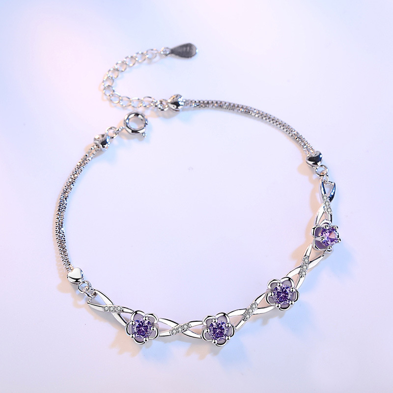 925 Sterling Silver Plum Blossom Crystal Flower Bracelet Adjustable Silver Bangle for Women