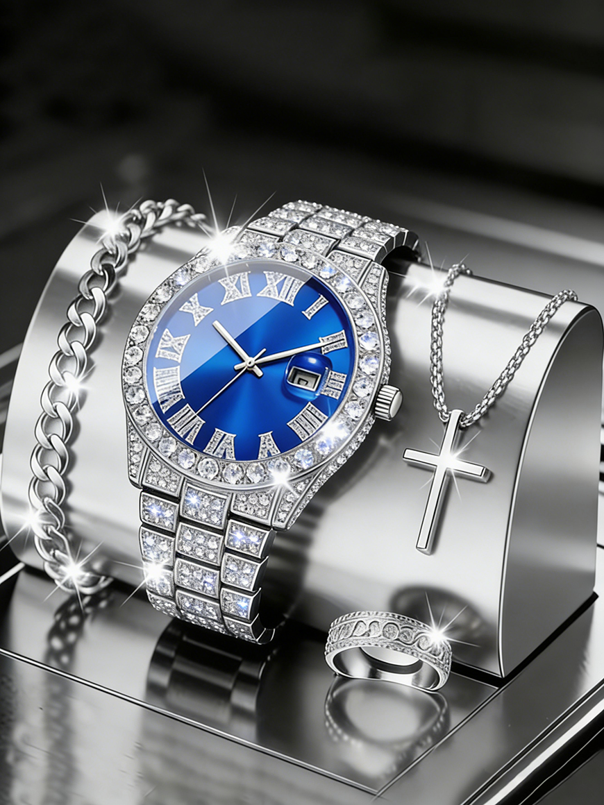 Luxury Men's Watch Set with Stainless Steel Chain, Calendar Display & Quartz Movement Gift Set