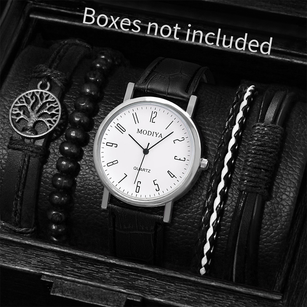 Men's Business Quartz Watch & PU Leather Bracelet Gift Casual Round Wristwatch