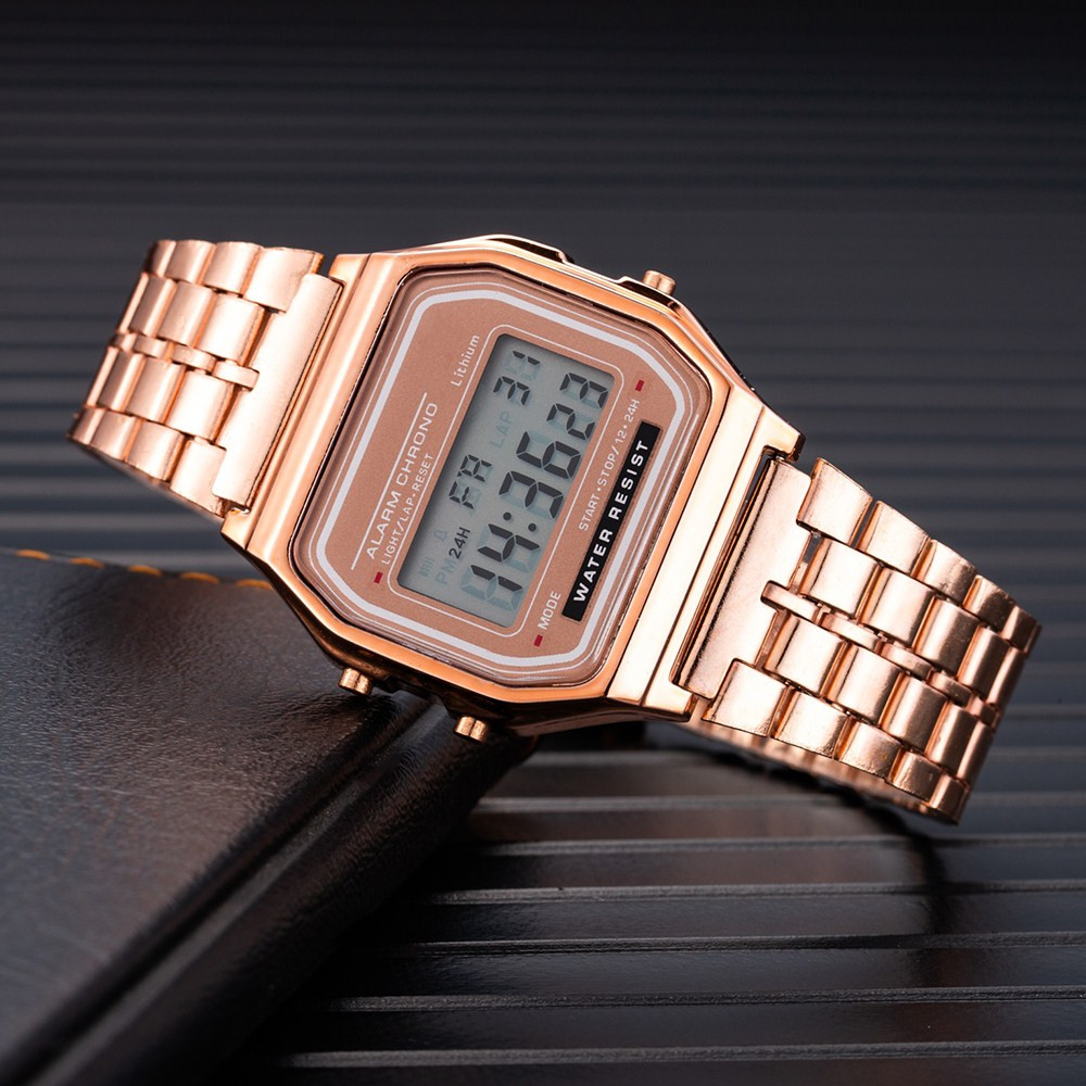 Luxury Women's Digital Watch Gold Stainless Steel Square LED Waterproof Wrist Watch