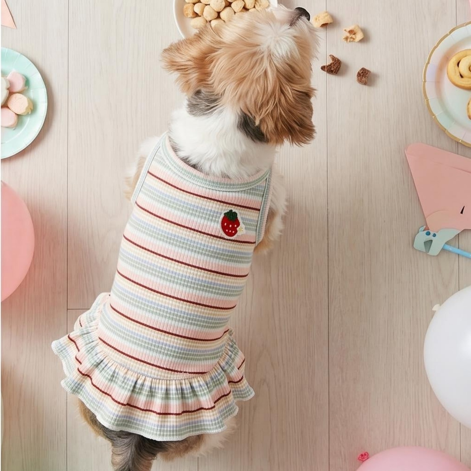 Sweet Dog Princess Dress with Strawberry Print Soft Ribbed Small Dog Dress for Dogs & Cats