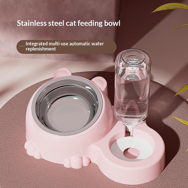 Automatic Pet Water Feeder & Elevated Cat Bowl with Tilted Stainless Steel Food Dish