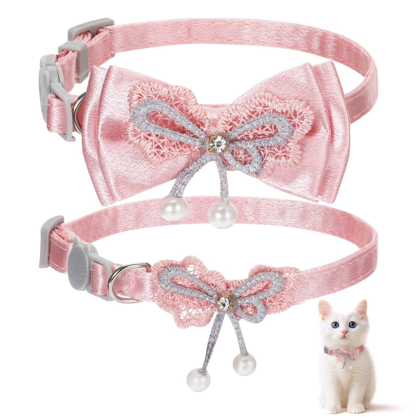 Breakaway Cat Collar with Pink Bow Adjustable Kitten Collar 2-Pack for Stylish & Safe Cats