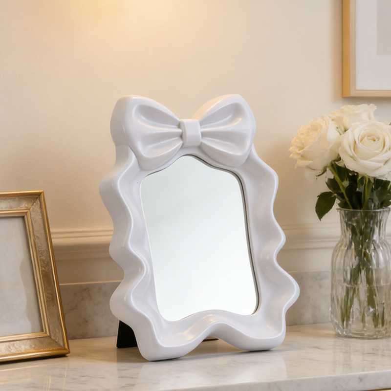Cute Desktop Makeup Mirror with Bow Design Decorative Vanity Mirror for Bedroom & Dorm Desk