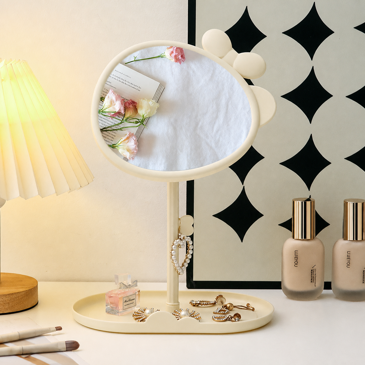 Cute Bow Makeup Mirror with Storage Tray 360 Rotating Kawaii Vanity Desk Mirror