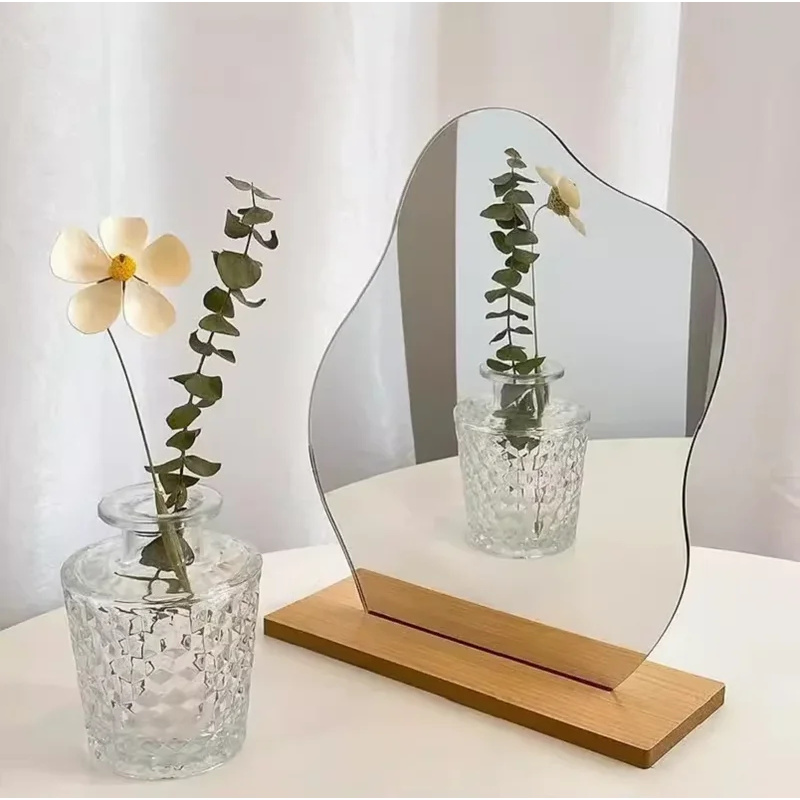 Minimalist Irregular Vanity Mirror with Wooden Base Acrylic Makeup Mirror for Bedroom & Vanity Desk