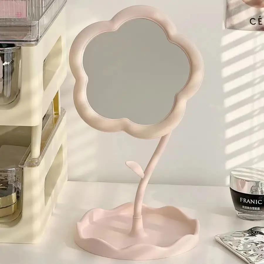 Flower Rotating Makeup Mirror with Storage Tray | Aesthetic Vanity Mirror for Desk, Bedroom & Dorm