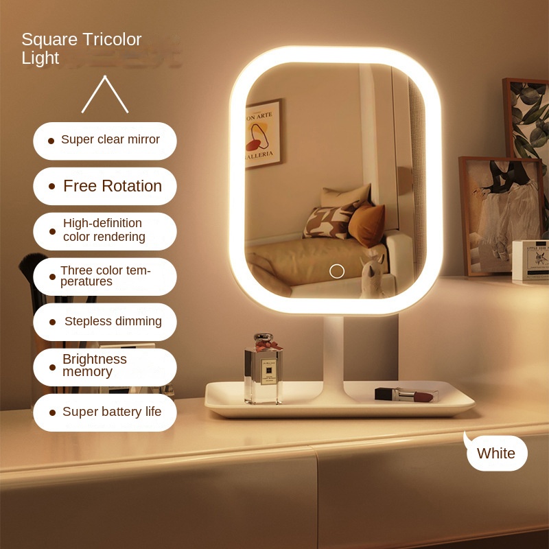 3 Color LED Vanity Mirror with Touch Control & Storage Tray for Makeup Desk