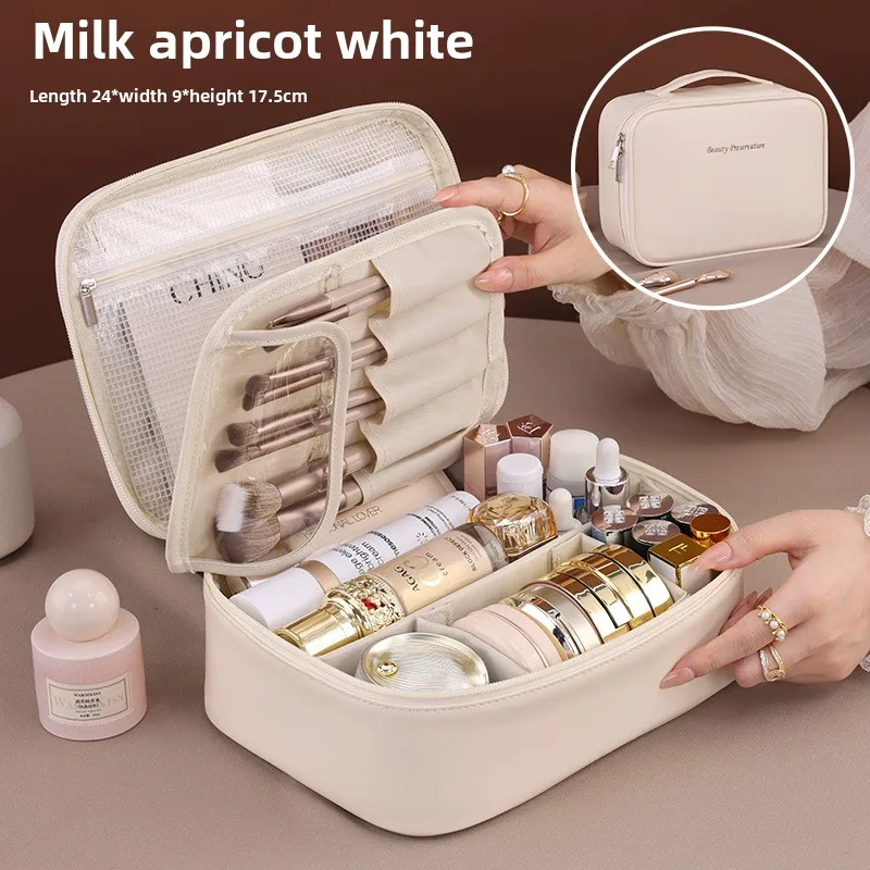LuxeCarry Large Capacity Travel Makeup Bag PU Leather Cosmetic Organizer for Women