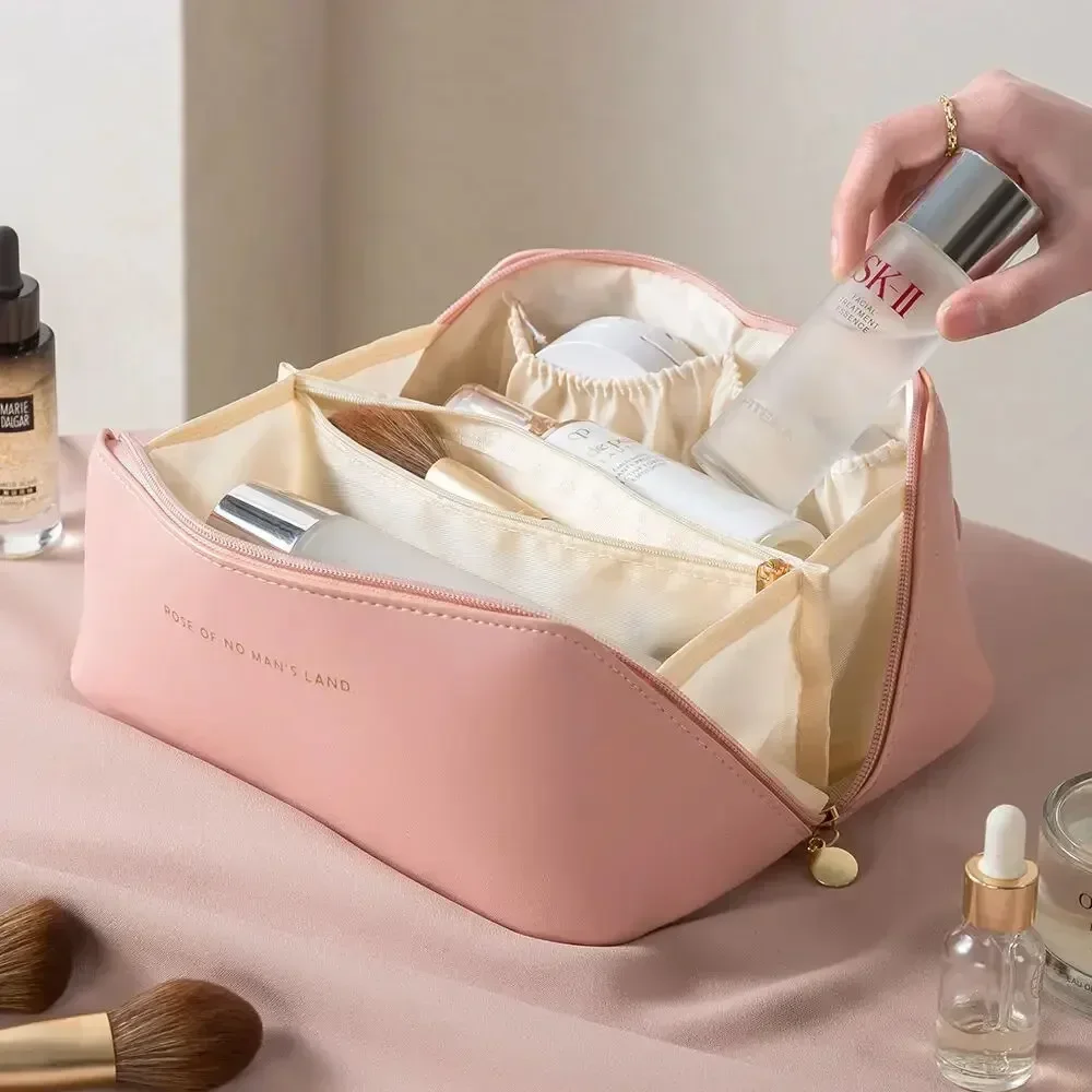 Large Capacity Travel Makeup Bag Waterproof PU Leather Cosmetic Organizer.