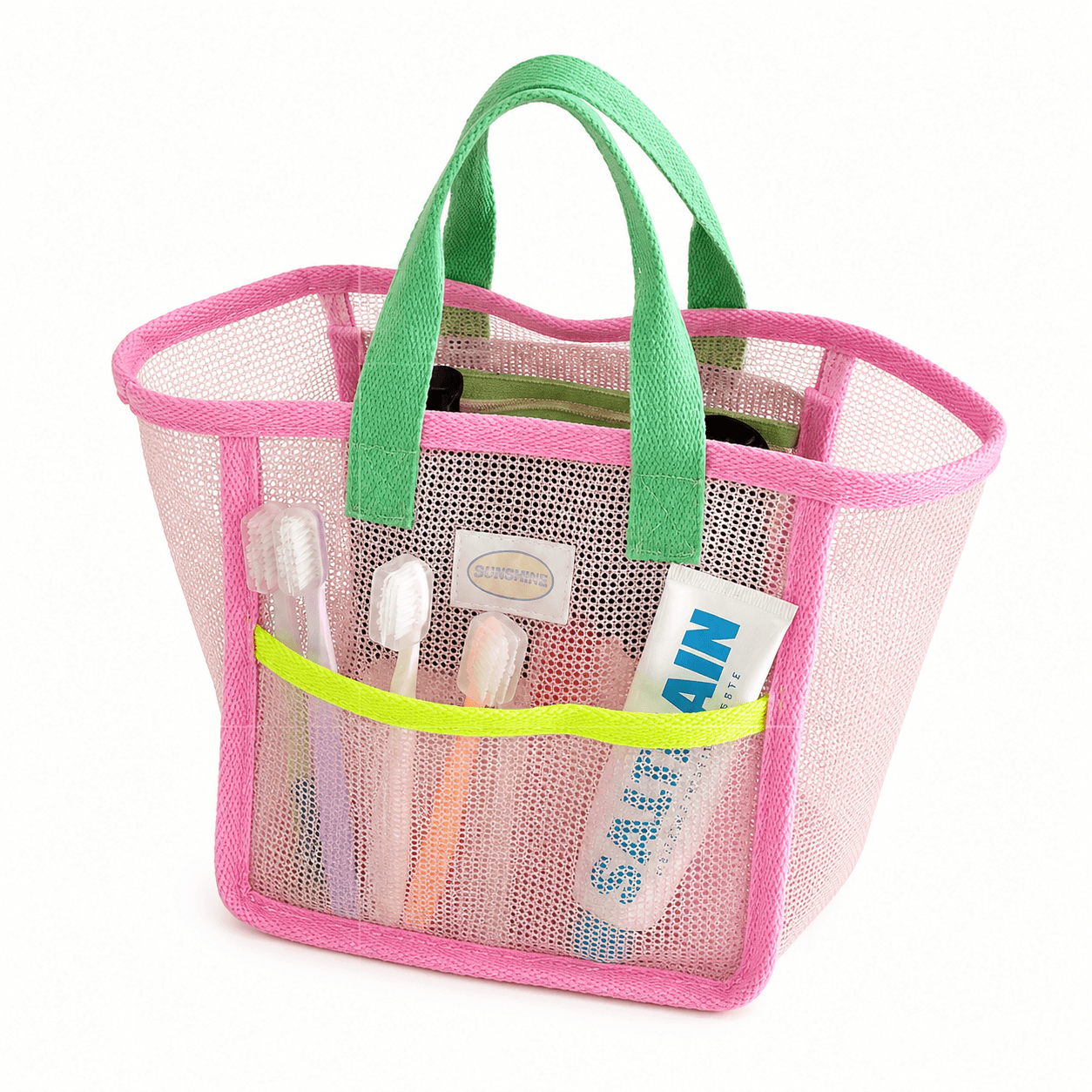 Pink Green Mesh Beach Bag for Kids Large Portable Beach Toy Storage Bag for Swimming and Travel