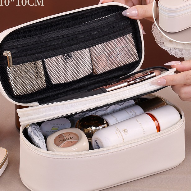 Double Layer Travel Makeup Bag Large Capacity PU Leather Cosmetic Organizer