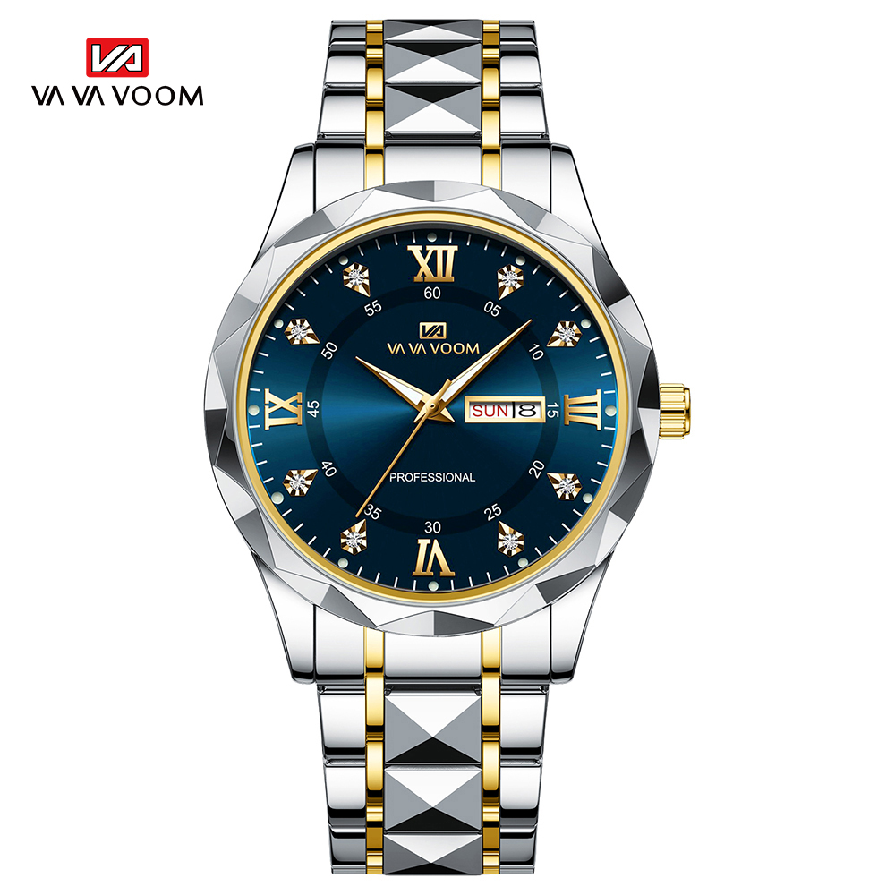 Luxury Men's Quartz Watch with Double Calendar Luminous Dial and Stainless Steel Band