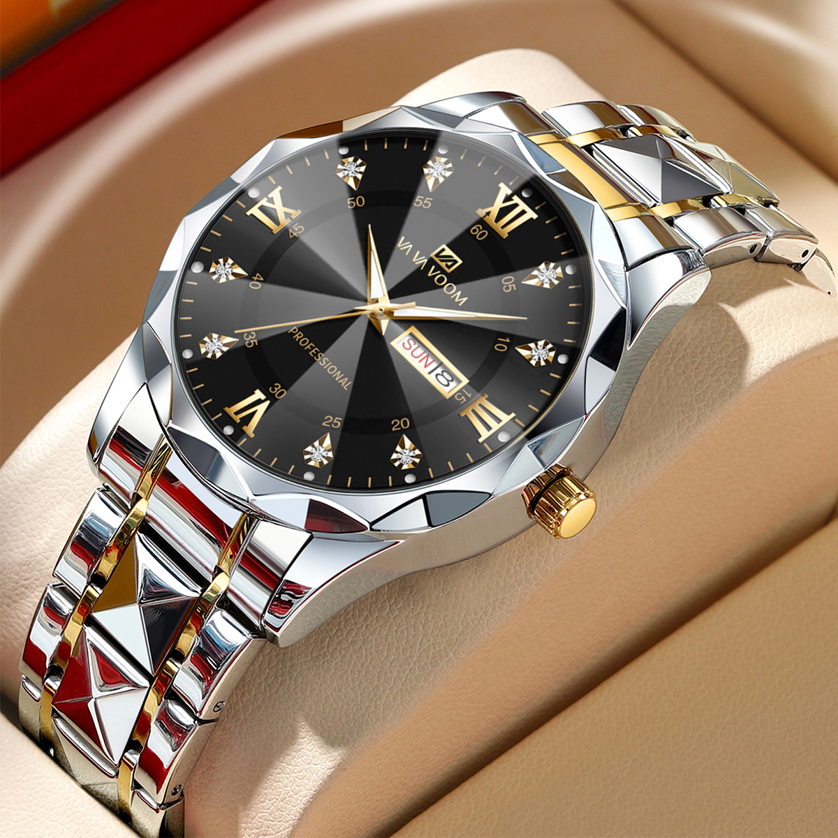 Luxury Men's Quartz Watch with Luminous Dial Double Calendar and Stainless Steel Band