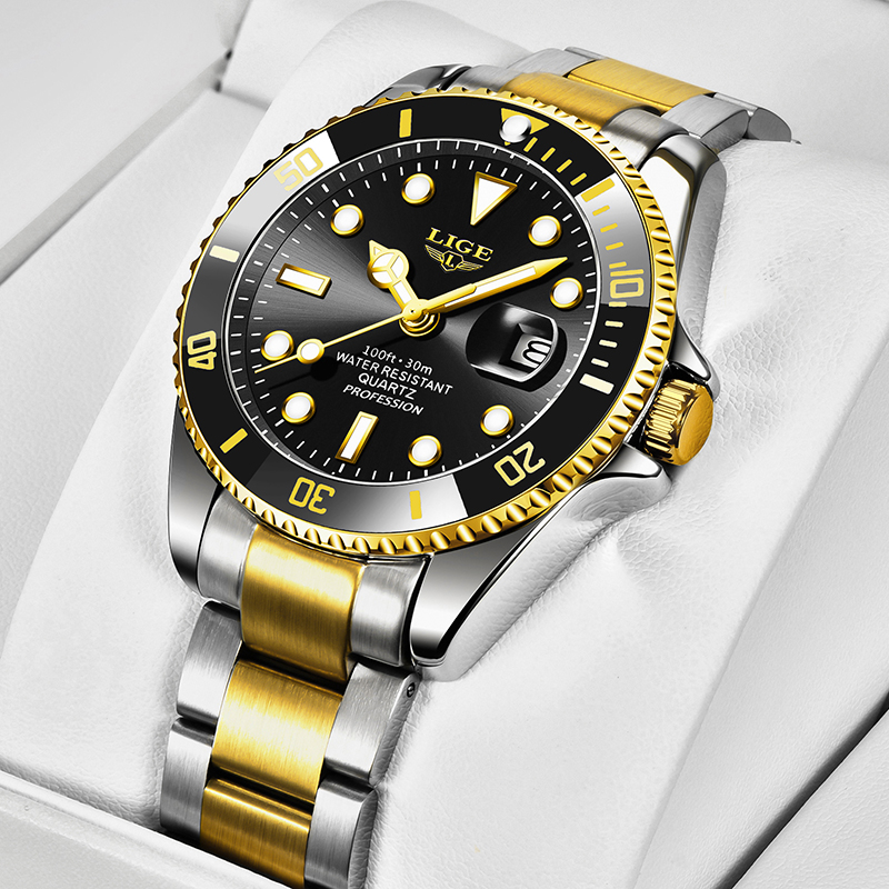 Luxury Mens Diver Watch Stainless Steel Quartz Watch with Luminous Hands and Date