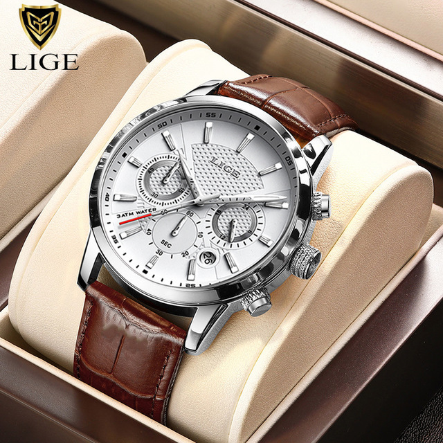 Mens Brown Leather Chronograph Watch Waterproof Luminous Quartz Business Wristwatch