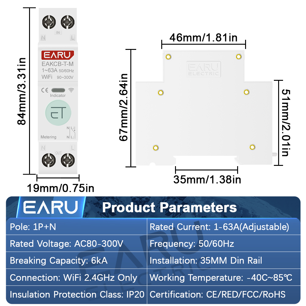 WiFi Smart Circuit Breaker with Energy Monitoring Remote Control and Voltage Protection