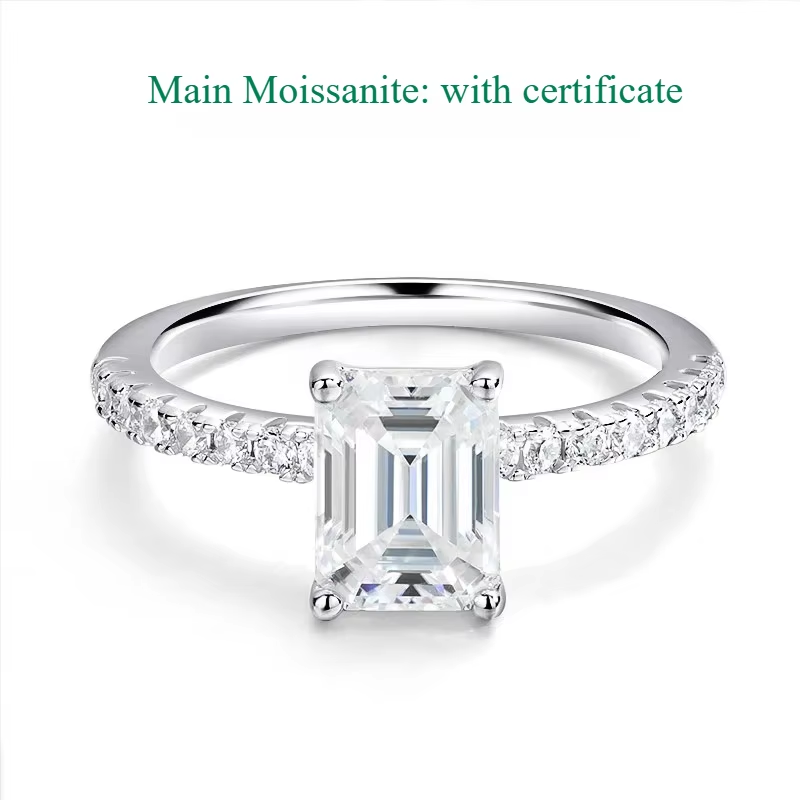 Radiant Emerald Cut Moissanite Engagement Ring in 925 Sterling Silver