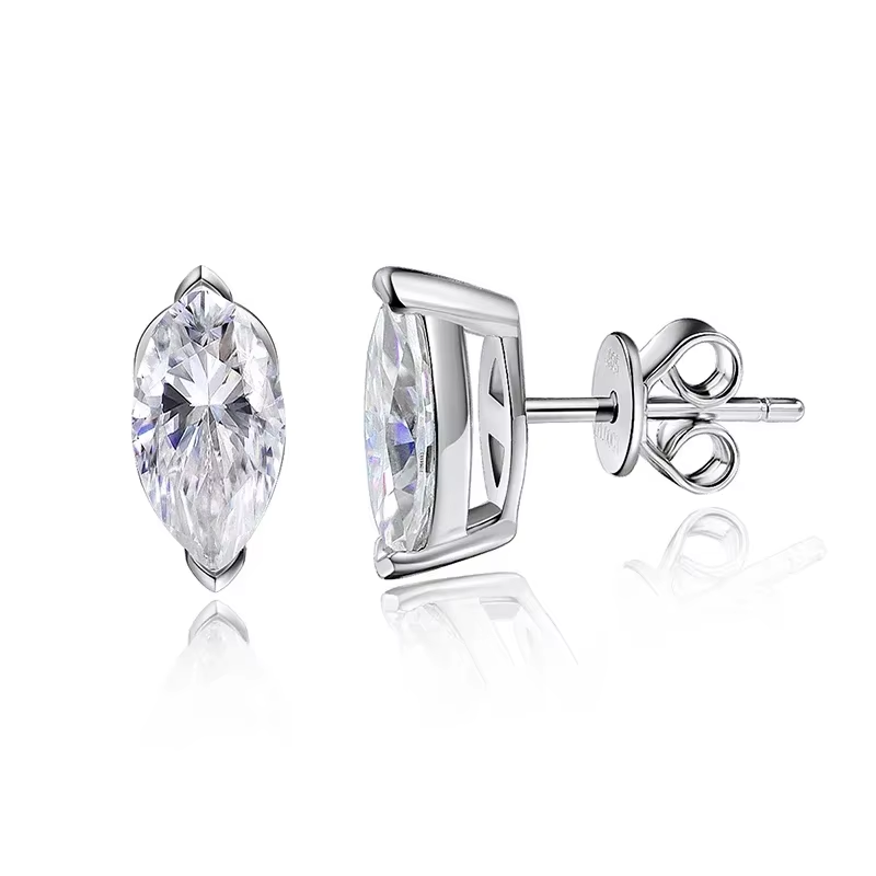 Marquise Cut Moissanite Stud Earrings 18K Gold Plated 925 Sterling Silver