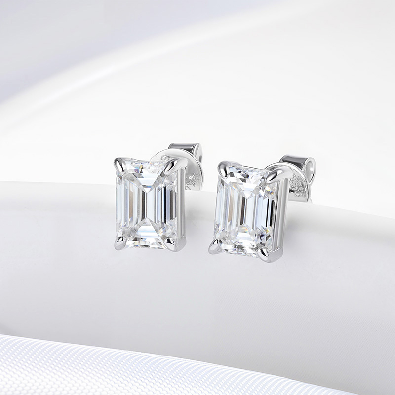 Emerald Cut Moissanite Stud Earrings D Color VVS1 Sterling Silver