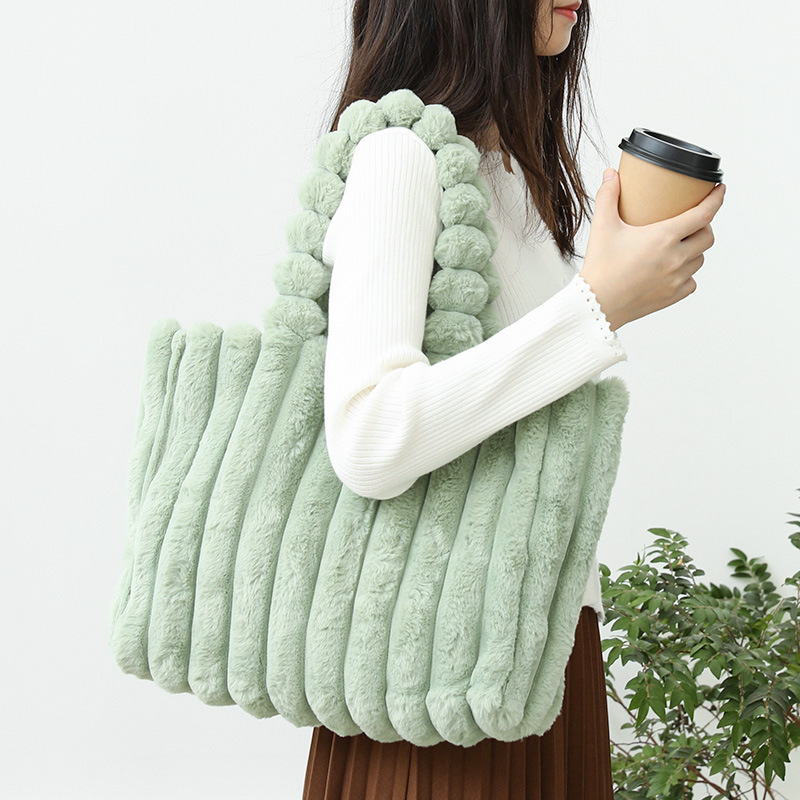 Cozy Striped Faux Fur Tote Bag Soft Plush Shoulder Bag for Women