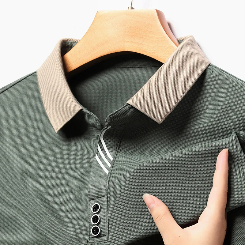 Men's Long Sleeve Polo Shirt Breathable Solid Color Business Casual Top