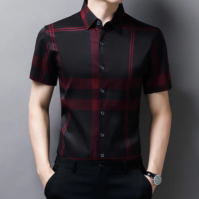 Men's Plaid Short Sleeve Shirt Business Casual Button Down Shirt