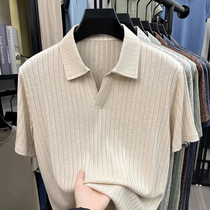Men's Ribbed Striped Knit Polo Shirt Soft Short Sleeve Business Casual Top