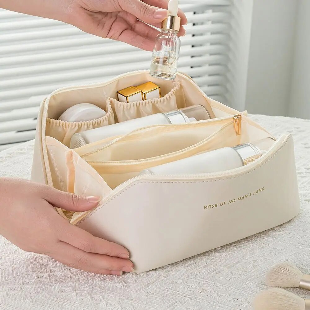 Large Capacity Travel Makeup Bag PU Leather Cosmetic Organizer for Women