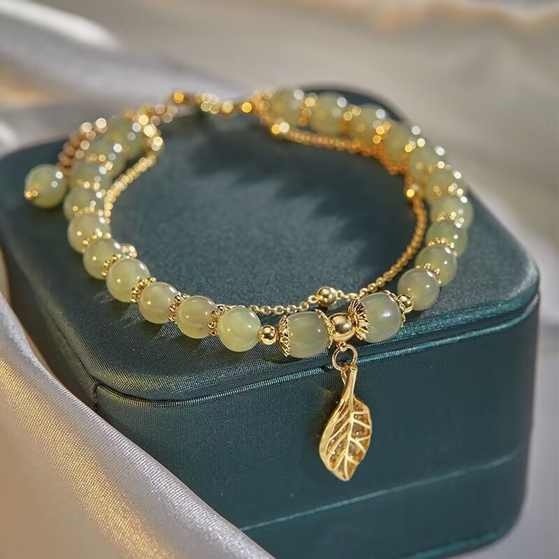 Elegant Green Jade Bracelet for Women with Gold Leaf Double Chain Vintage Chinese Style Jewelry