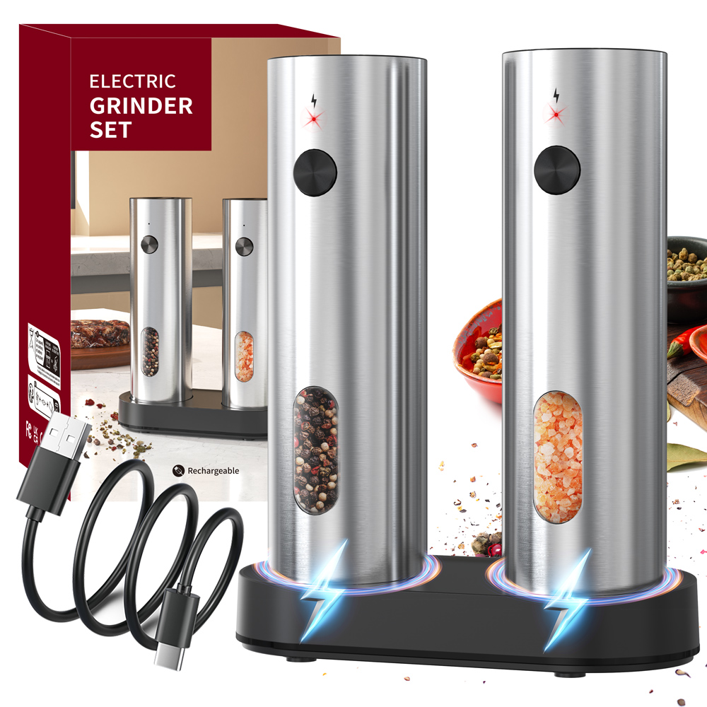 Rechargeable Electric Salt and Pepper Grinder Set with LED Light and Adjustable Coarseness,