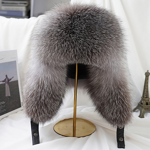 Mens Real Silver Fox Fur Ushanka Trapper Hat with Leather Winter Ear Protection