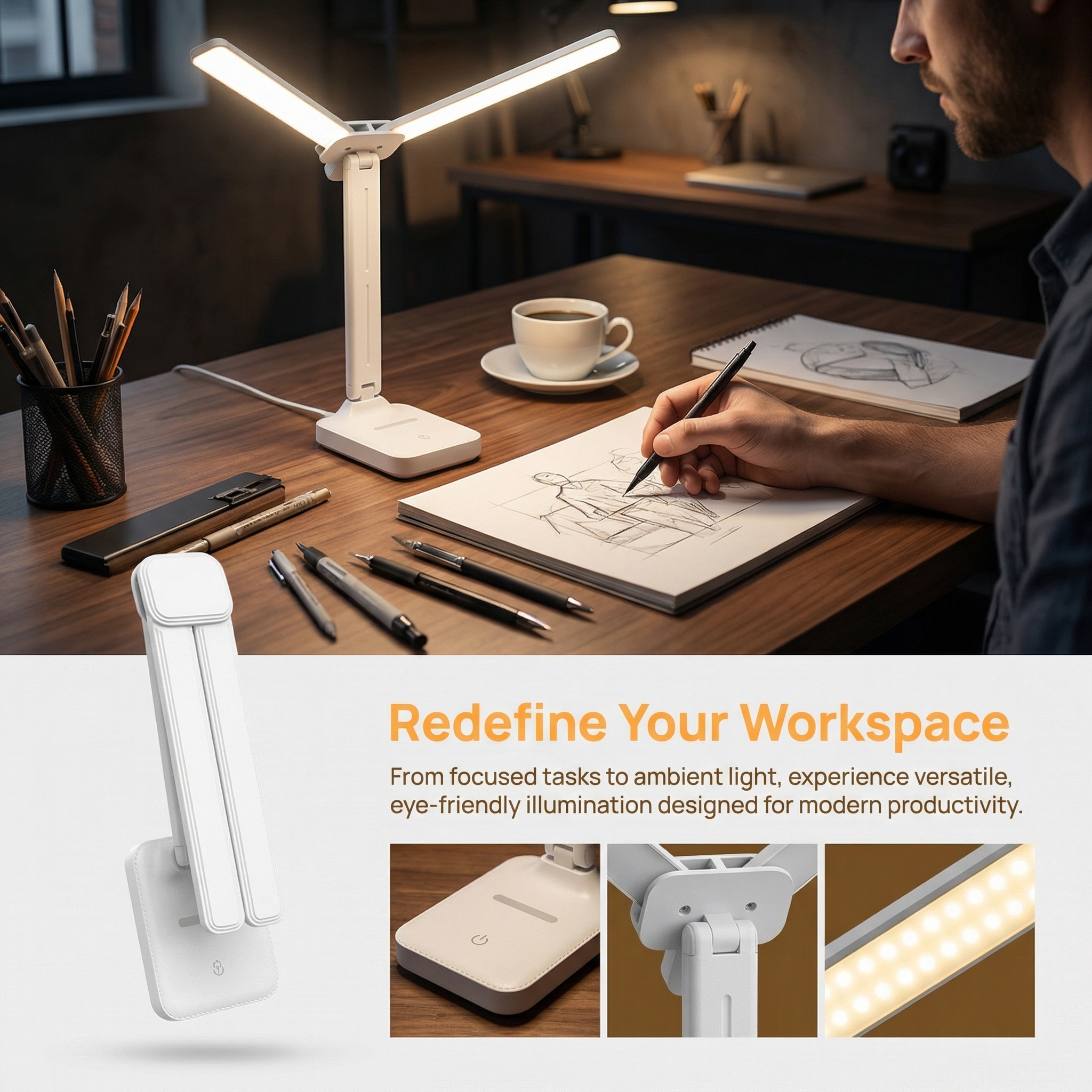 Rechargeable Dual Head LED Desk Lamp Foldable Dimmable Reading Light for Study and Bedside