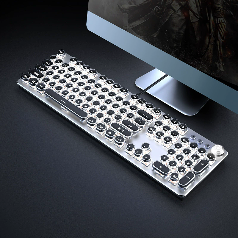 Retro Typewriter Mechanical Keyboard 104 Key Wired Gaming Keyboard with Metal Panel