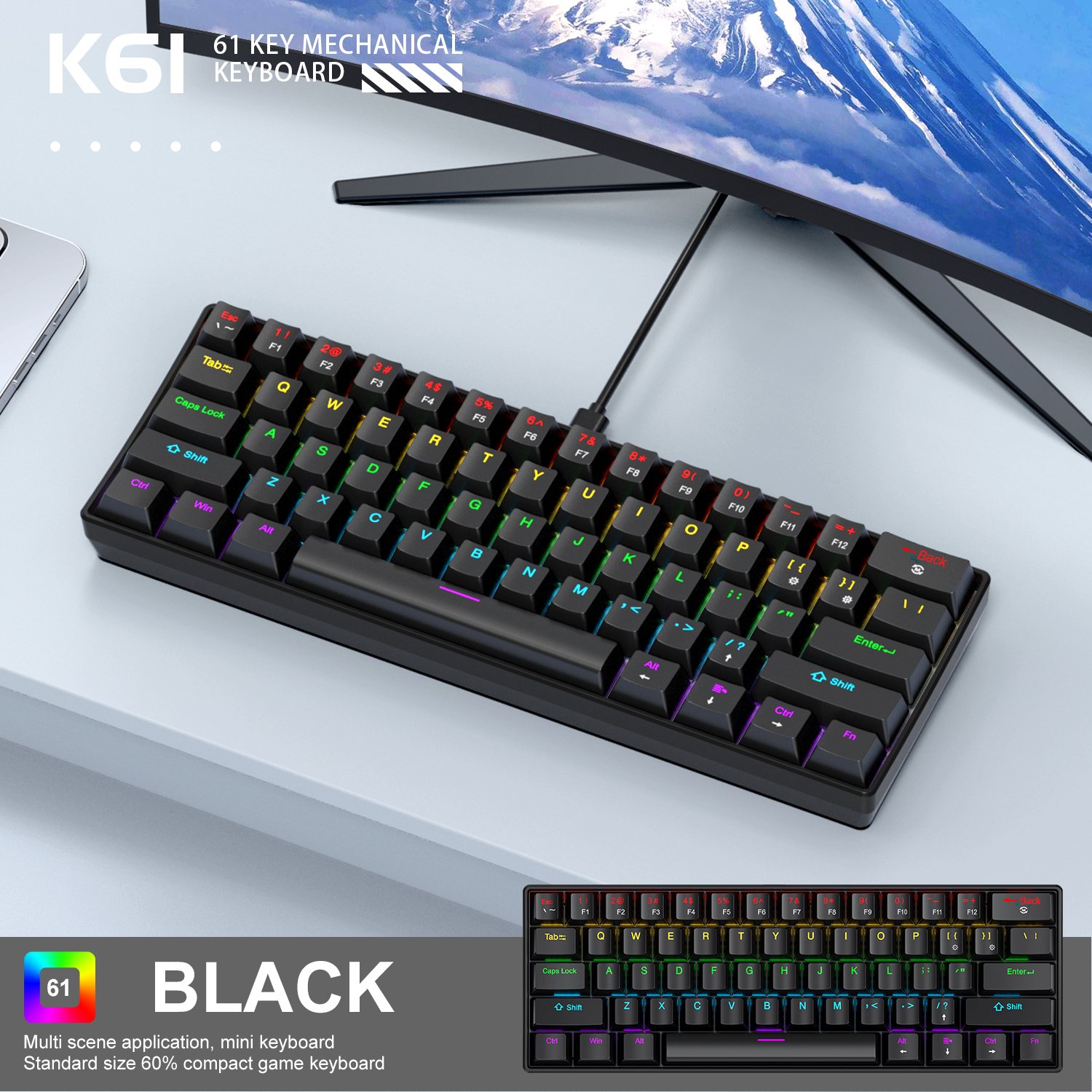 K61 60 Percent Mechanical Gaming Keyboard with RGB Hot Swappable Switches