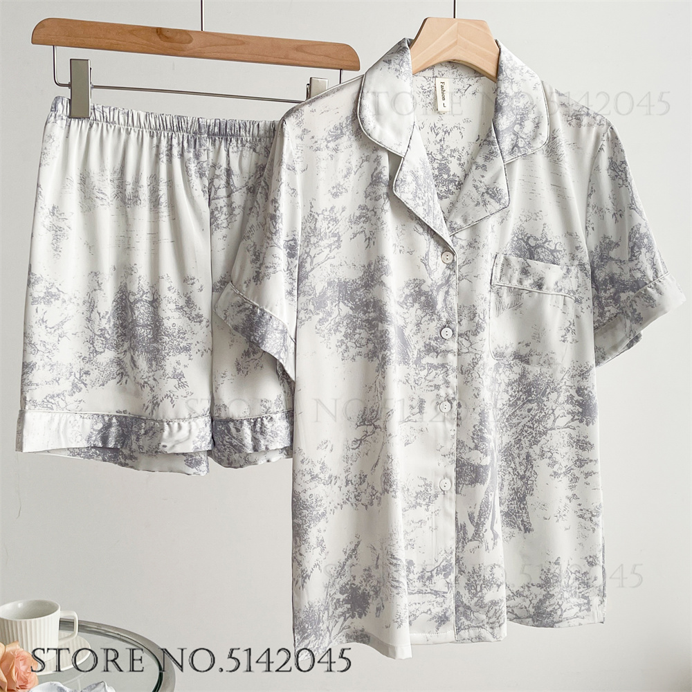 Floral Satin Pajama Set for Women Loose 2 Piece Summer Sleepwear